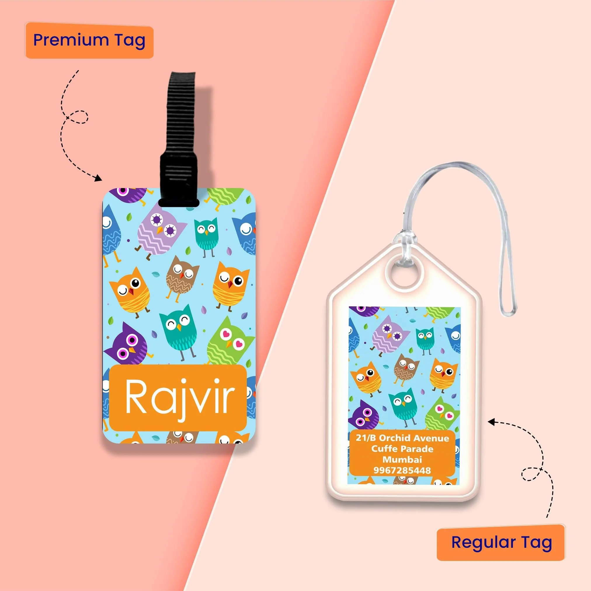 Personalized Bag Tags for Kids - Blue Owl Design