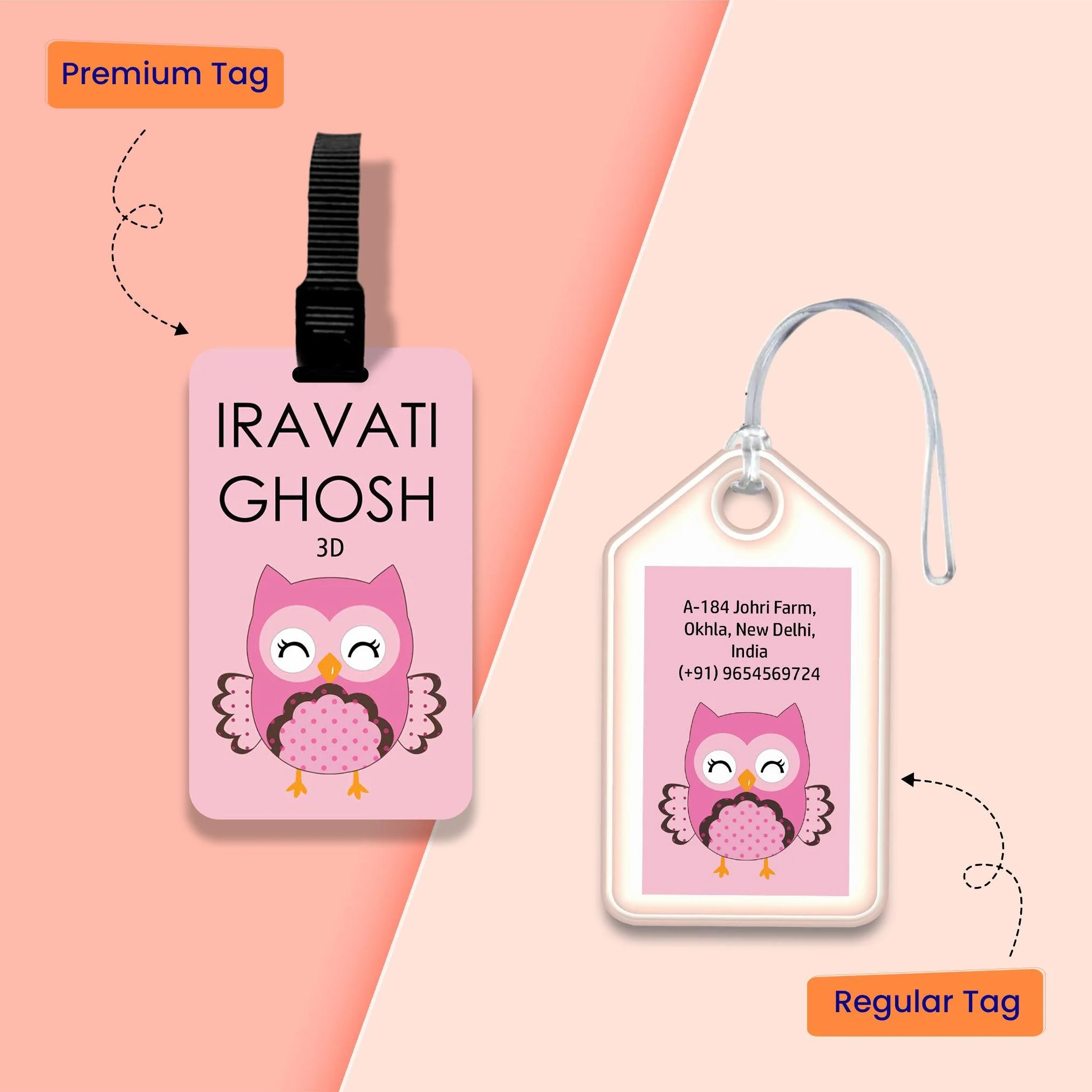 Personalized Bag Tags for Kids - Baby Pink Owl Design