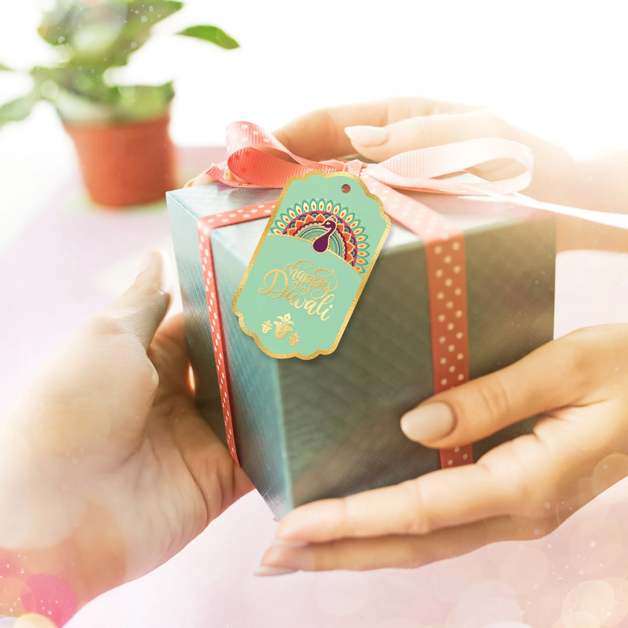 Happy Diwali Gold Foil Gift Tags - Royal Peacock Tags - Pistachio - Image 3