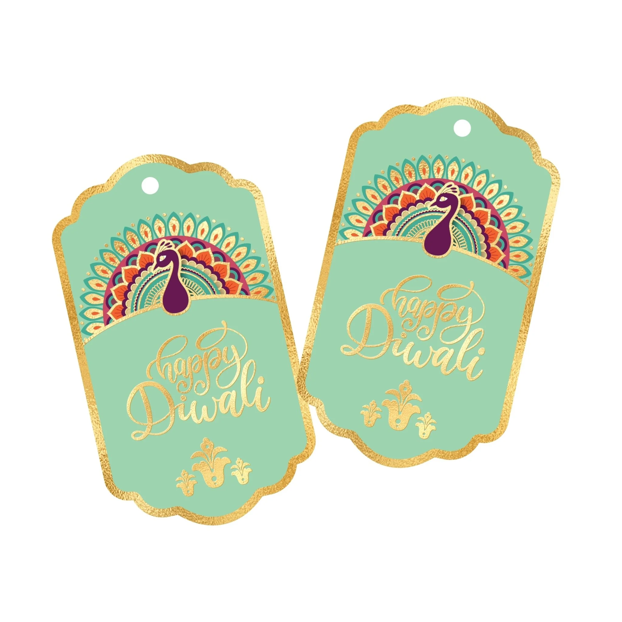 Happy Diwali Gold Foil Gift Tags - Royal Peacock Tags - Pistachio - Image 5