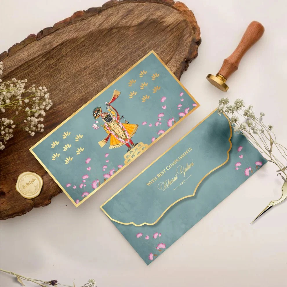 Luxe Gold Foil Money Envelopes - Shreenathji Lotus Motif Olive