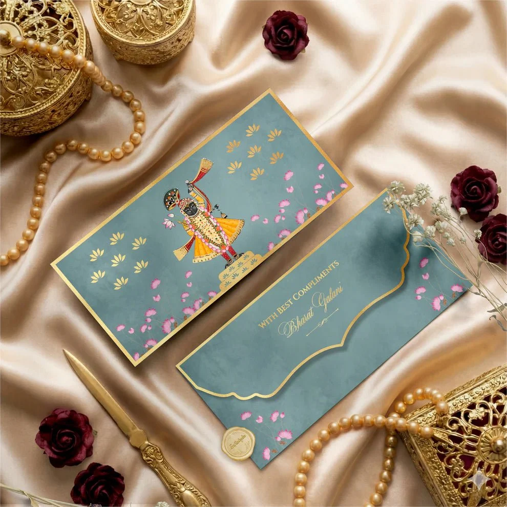 Luxe Gold Foil Money Envelopes - Shreenathji Lotus Motif Olive - Image 2