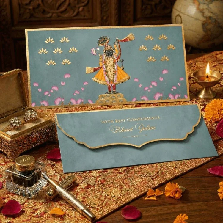 Luxe Gold Foil Money Envelopes - Shreenathji Lotus Motif Olive - Image 3