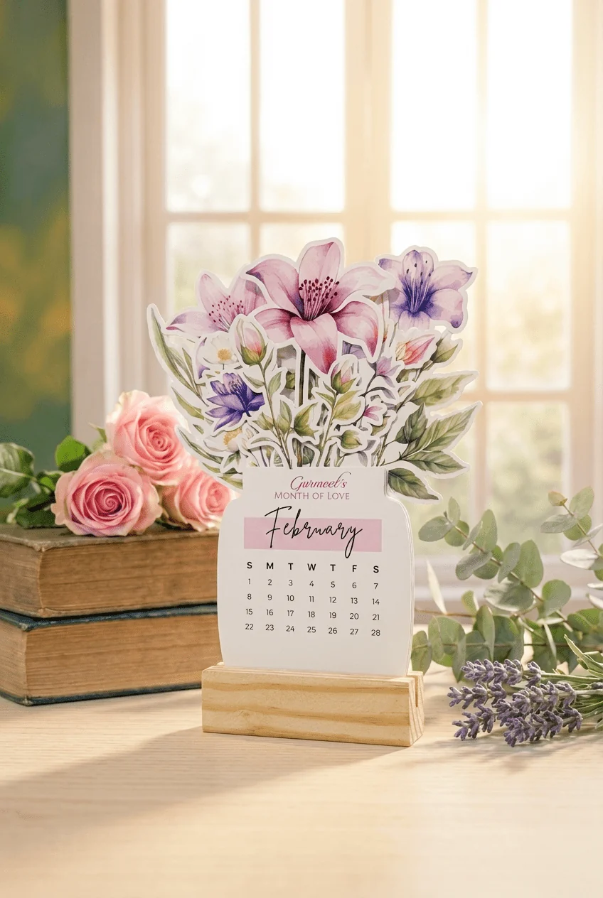 Personalised 2026 Desk Calendar- Floral Vase with Wooden Stand - Image 10