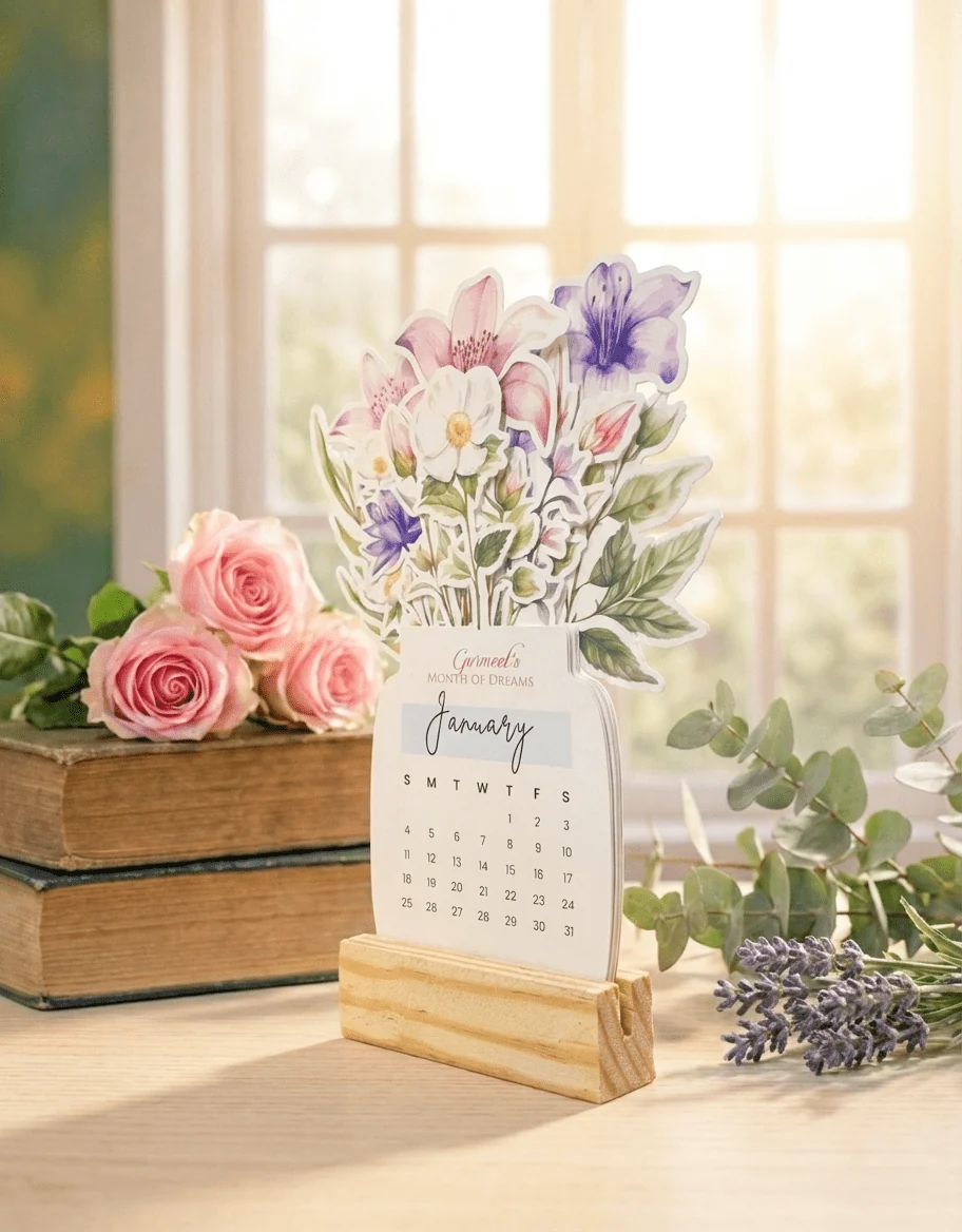 Personalised 2026 Desk Calendar- Floral Vase with Wooden Stand - Image 11
