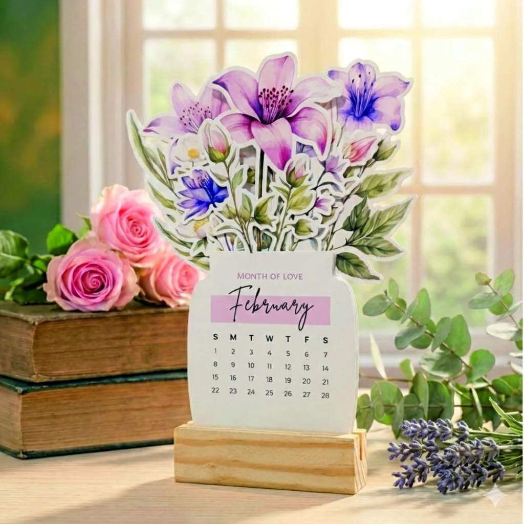 Personalised 2026 Desk Calendar- Floral Vase with Wooden Stand - Image 12