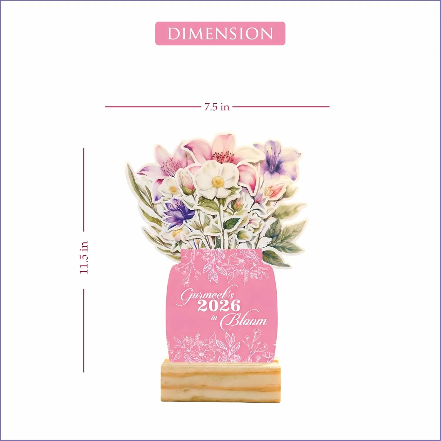 Personalised 2026 Desk Calendar- Floral Vase with Wooden Stand - Image 15