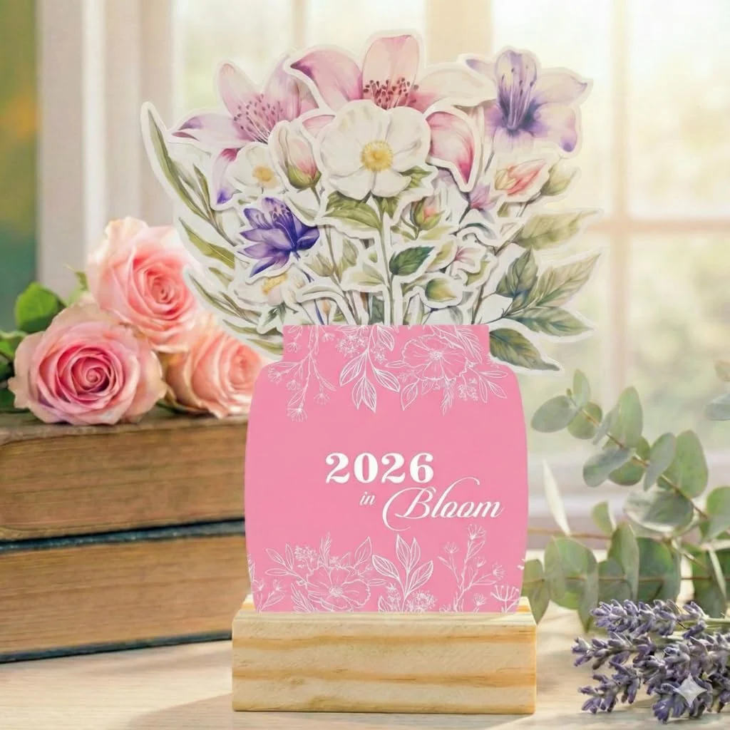 Personalised 2026 Desk Calendar- Floral Vase with Wooden Stand - Image 16