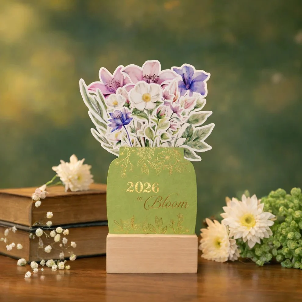 Personalised 2026 Desk Calendar- Floral Vase with Wooden Stand - Image 17
