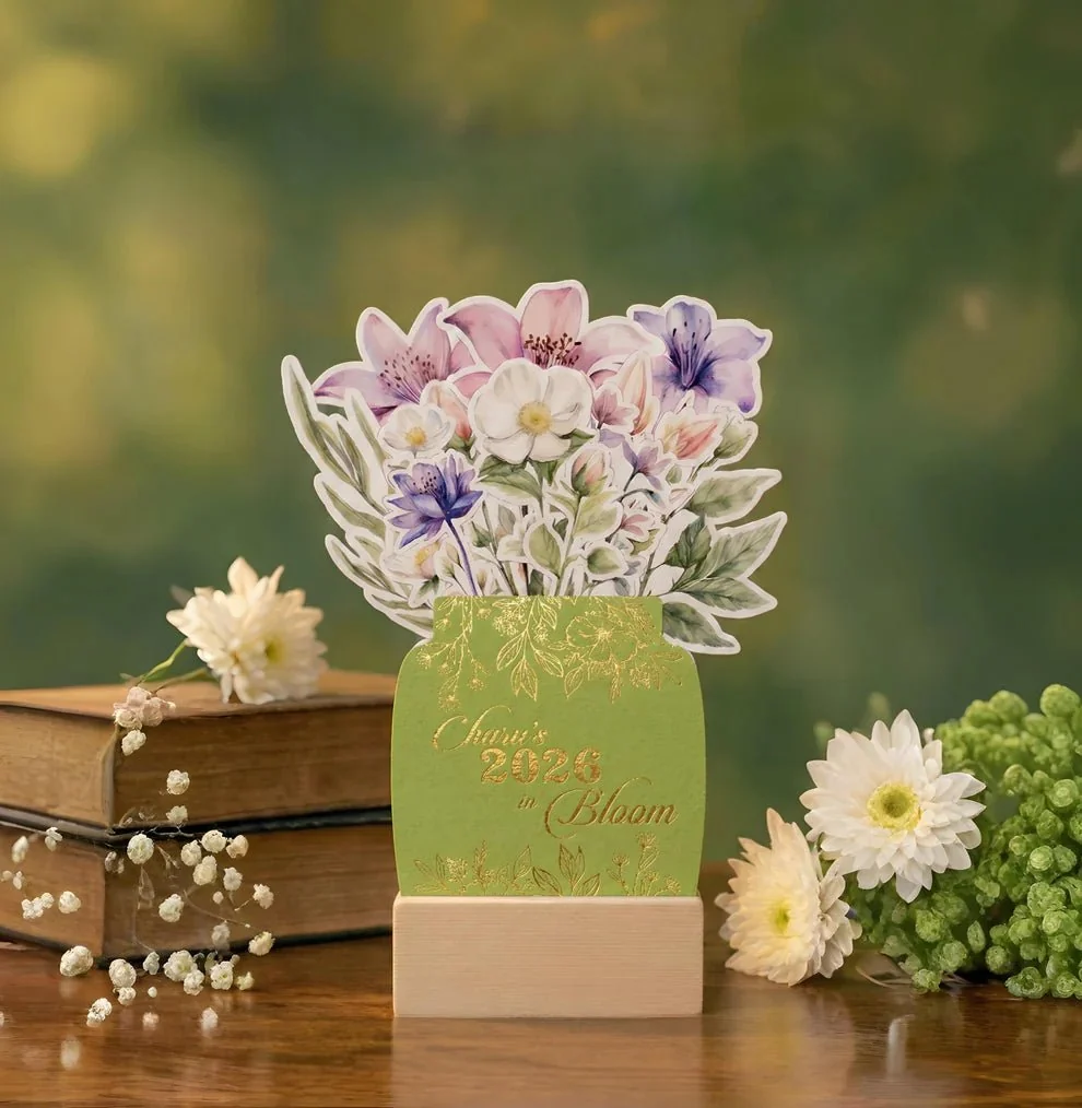 Personalised 2026 Desk Calendar- Floral Vase with Wooden Stand - Image 18