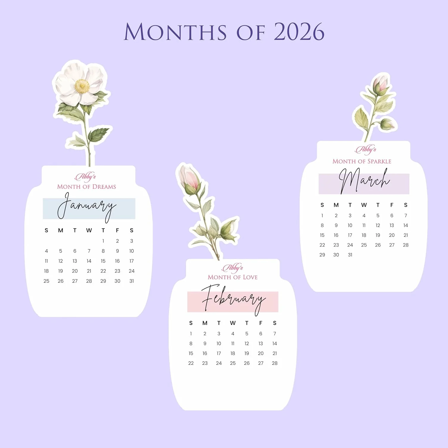 Personalised 2026 Desk Calendar- Floral Vase with Wooden Stand - Image 4