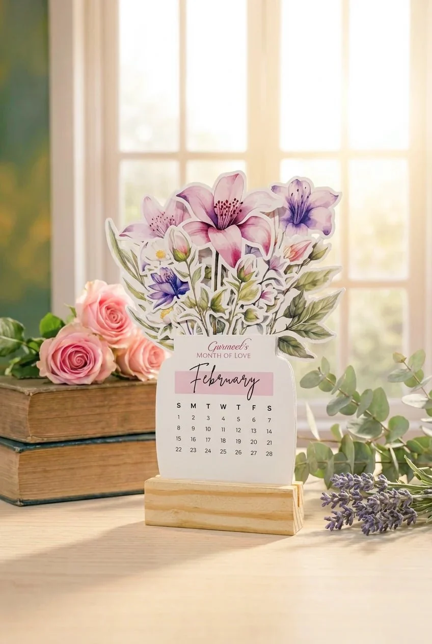 Personalised 2026 Desk Calendar- Floral Vase with Wooden Stand - Image 8