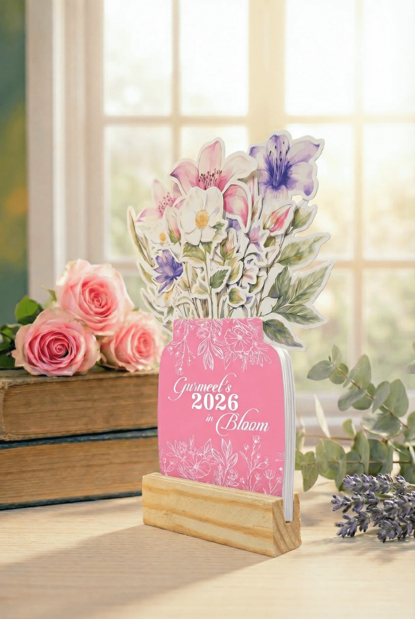 Personalised 2026 Desk Calendar- Floral Vase with Wooden Stand - Image 9