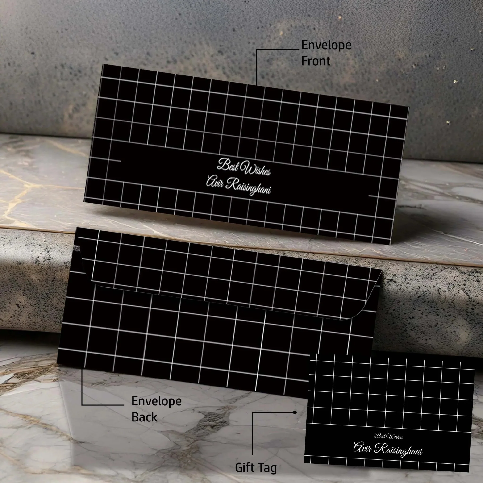 Personalised Money Envelopes - Black Chequered Theme - Set of 20 - Image 3