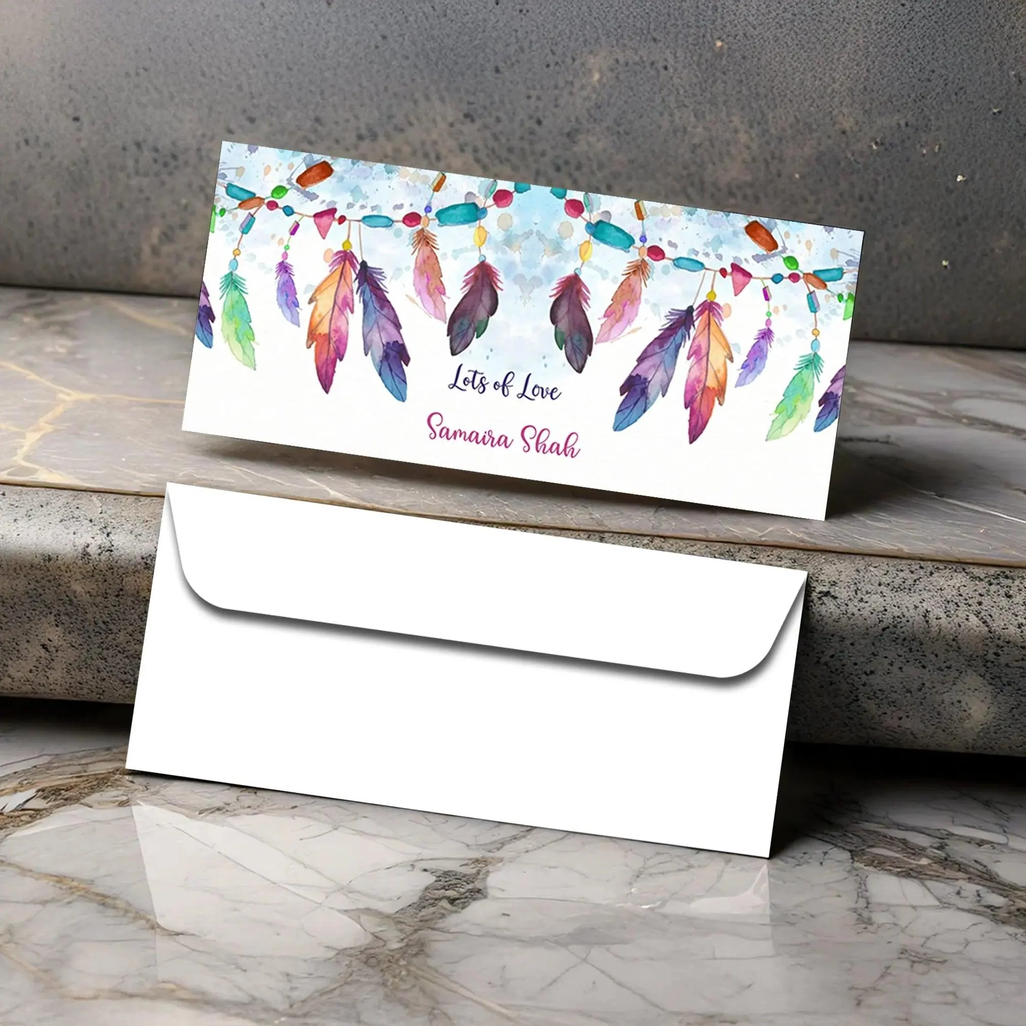 Personalised Money Envelopes - Colourful Feathers Theme - Set of 20