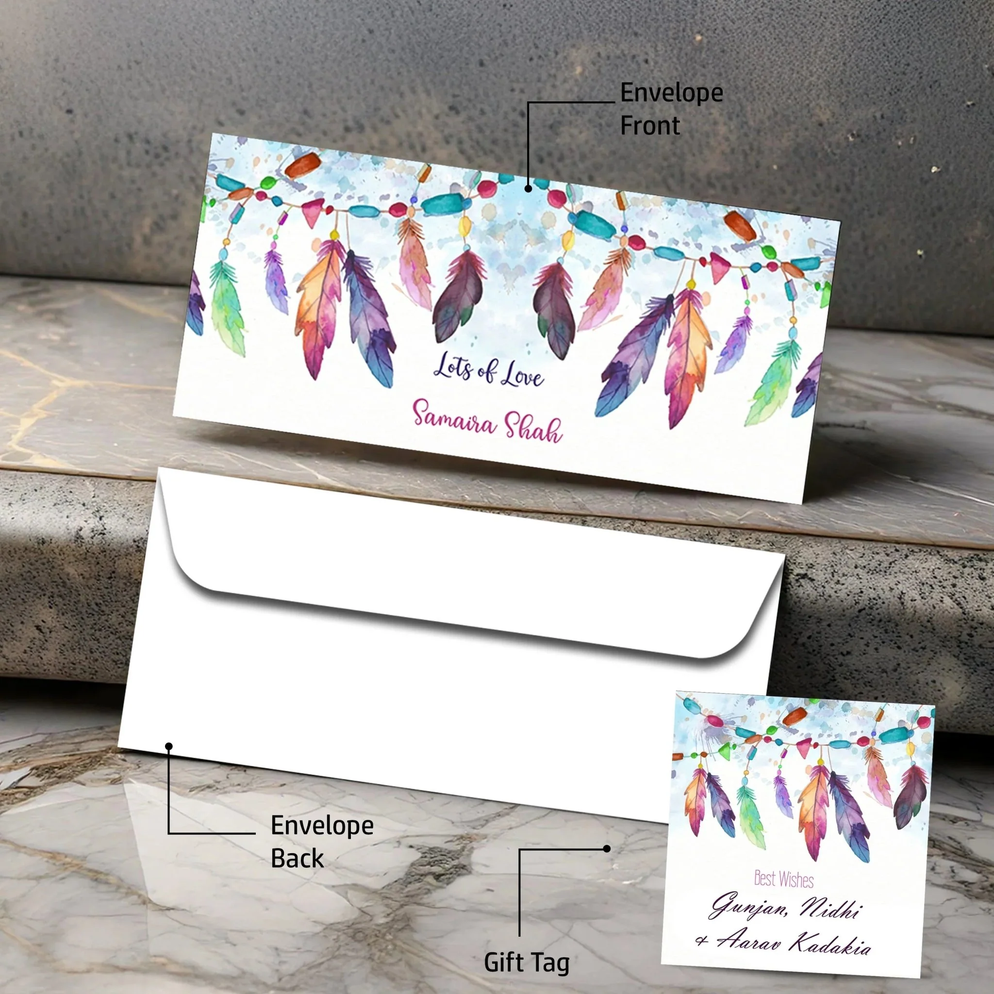 Personalised Money Envelopes - Colourful Feathers Theme - Set of 20 - Image 3