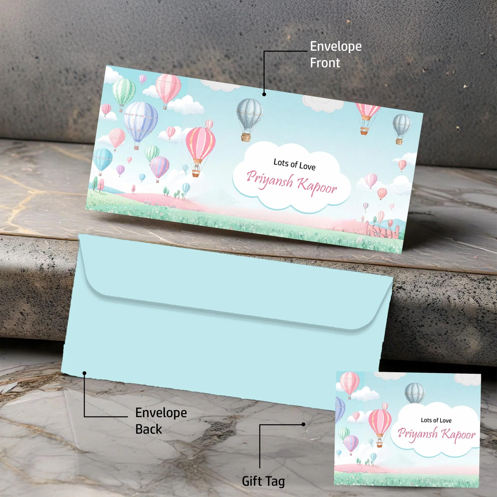 Personalised Money Envelopes - Pastel Hot Air Balloon Theme - Set of 20